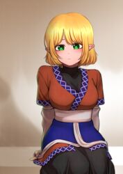  arm_warmers black_dress blonde_hair blush breasts brown_shirt cleavage closed_mouth commentary dress expressionless feet_out_of_frame female green_eyes highres looking_at_viewer medium_breasts mizuhashi_parsee no_scarf pointy_ears sash see-through see-through_cleavage shirt short_bangs short_hair short_sleeves sitting solo touhou white_sash yokozuna_iwashi 