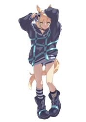  absurdres adjusting_bow animal_ears asymmetrical_legwear black_shirt blonde_hair blue_footwear blush boots bow closed_mouth collar female fishnet_socks fishnets frilled_shirt_collar frills frown full_body green_eyes hairbow highres horse_ears horse_girl horse_tail little_cocon_(umamusume) long_sleeves looking_at_viewer mismatched_legwear multicolored_hair shirt shorts simple_background socks solo streaked_hair striped_clothes striped_socks tail umamusume v-shaped_eyebrows white_background yoshida_pino 