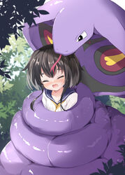  arbok black_eyes black_hair blue_sailor_collar blush bound closed_eyes commentary_request constriction crossover female forest forked_tongue grey_hair kantai_collection multicolored_hair nature neckerchief nose_blush open_mouth outdoors pokemon pokemon_(creature) sailor_collar short_hair_with_long_locks tears tokitsukaze_(kancolle) tongue umi_suzume yellow_neckerchief 