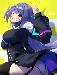  ass black_dress black_thighhighs blue_hair blush braid breasts commentary dress english_text etra_(icetea) female from_side fukai_ryosuke garter_straps grin hand_up high_collar highres icetea large_breasts long_hair long_sleeves looking_at_viewer official_art one_eye_closed panties pantyshot pointing pointing_up shadow signature simple_background smile solo thighhighs thighs underwear very_long_hair virtual_youtuber white_panties yellow_eyes 