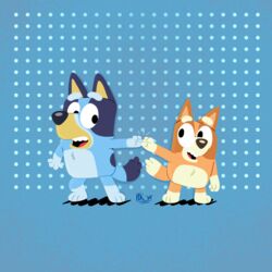  1:1 2020 anthro australian_cattle_dog bingo_heeler black_tail_tip blue_background blue_body blue_fur bluey_(series) bluey_heeler canid canine canis cattledog detailed_background dipstick_tail domestic_dog dotted_background duo eye_contact female fist_bump fur gesture happy herding_dog hi_res inklingbear_(artist) lolicon looking_at_another mammal markings multicolored_body multicolored_fur multicolored_tail open_mouth orange_body orange_fur pastoral_dog pattern_background paws sibling_(lore) signature simple_background sister_(lore) sisters_(lore) tail tail_markings white_body white_fur white_tail_tip young young_anthro 