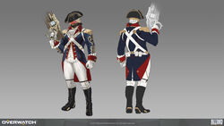  1boy american_revolution black_footwear black_headwear black_mask blue_jacket boots clenched_hand commentary_request copyright_name english_commentary gloves grey_background gun hat head-mounted_display highres holding holding_gun holding_weapon jacket kozaki_yuusuke logo looking_down male_focus mask mixed-language_commentary mouth_mask multiple_views official_alternate_costume official_art overwatch overwatch_1 pants reference_sheet science_fiction soldier:_1776 soldier:_76_(overwatch) tricorne weapon white_gloves white_hair white_pants 