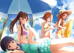  aliasing bikini clouds ichihara_nina idolmaster idolmaster_cinderella_girls kitami_yuzu kobayakawa_sae long_hair ponytail sajou_yukimi sky swim_ring swimsuit tagme_(artist) tree 