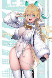  absurdres animal_ears bell between_breasts blonde_hair blush breasts cellphone chinese_text copyright_name covered_navel cowboy_shot dated female fur_hat gaosu_gong_lu goddess_of_victory:_nikke green_eyes green_nails hat highleg highleg_leotard highres impossible_clothes jacket large_breasts leotard long_hair long_sleeves looking_at_viewer merry_christmas nail_polish narrow_waist neck_bell necktie necktie_between_breasts oerba_yun_fang official_alternate_costume open_clothes open_jacket open_mouth panty_straps phone rupee_(nikke) rupee_(winter_shopper)_(nikke) see-through see-through_leotard silk smartphone smile solo spider_web thick_thighs thighhighs thighs v very_long_hair white_hat white_jacket white_leotard white_necktie white_thighhighs 