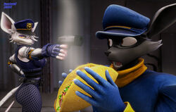  3d_(artwork) annoyed anthro clothed clothing digital_media_(artwork) domizoni duo female food freckles gloves gun handgun handwear hat headgear headwear male mammal mask murid murine officer_flint_(foretbwat) pistol procyonid raccoon ranged_weapon rat rodent sly_cooper sly_cooper_(series) sony_corporation sony_interactive_entertainment source_filmmaker_(artwork) steaming sucker_punch_productions taco warfare_machine warfare_sly_cooper weapon 