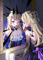  absurdres bare_shoulders bat_ornament blonde_hair bow bowtie breasts broken_mirror candle collar commentary dress eyepatch female fischl_(ein_immernachtstraum)_(genshin_impact) fischl_(genshin_impact) genshin_impact gloves hair_over_one_eye hair_ribbon highres long_hair medium_breasts mirror mochi_mochi052 official_alternate_costume purple_bow purple_bowtie purple_ribbon red_eyes reflection ribbon solo two_side_up vision_(genshin_impact) 