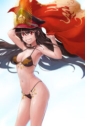  bare_shoulders bikini black_bikini black_hair black_hat breasts coat collarbone crest family_crest fate/grand_order fate_(series) female grin hat korean_commentary long_hair looking_at_viewer medium_breasts navel o-ring o-ring_bikini o-ring_bottom o-ring_top oda_nobunaga_(fate) oda_nobunaga_(swimsuit_berserker)_(fate) oda_nobunaga_(swimsuit_berserker)_(second_ascension)_(fate) oda_uri open_clothes open_coat peaked_cap red_coat red_eyes smile solo sterben swimsuit thighs 