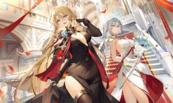  2girls aiguillette anniversary arch architecture azur_lane bismarck_(azur_lane) bismarck_(beacon_of_the_iron_blood)_(azur_lane) black_dress blonde_hair blue_eyes blue_flower blush bouquet breasts cape chandelier cleavage coat_of_arms commentary_request cross dress epaulettes evening_gown falling_petals fingerless_gloves flower gloves grey_hair hair_between_eyes highres holding holding_bouquet holding_scepter indoors iron_blood_(emblem) iron_cross kuuus large_breasts long_hair medallion multiple_girls official_alternate_costume official_art open_mouth petals red_carpet scepter short_hair side_slit single_epaulette skirt stairs thighhighs tirpitz_(azur_lane) tirpitz_(iron_blood_snowstorm)_(azur_lane) white_dress window 