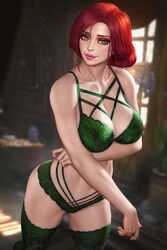  blurry blurry_background body_freckles bra breasts cleavage cowboy_shot female freckles green_bra green_panties green_thighhighs large_breasts looking_at_viewer medium_hair mole mole_under_mouth neoartcore panties realistic red_hair smile solo the_witcher_(series) the_witcher_3 thighhighs triss_merigold underwear underwear_only yellow_eyes 