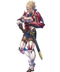  armor armored_boots bare_shoulders blonde_hair boots breastplate closed_mouth dark-skinned_female dark_skin dress elbow_pads female fire_emblem fire_emblem_awakening fire_emblem_heroes flavia_(fire_emblem) gloves hand_on_own_hip highres lips long_hair looking_at_viewer non-web_source official_art purple_eyes shiny_skin short_dress shoulder_armor sidelocks skirt sleeveless smile solo standing sword thighhighs tied_hair transparent_background turtleneck weapon yoneko_okome zettai_ryouiki 