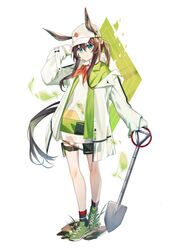  amiya_(arknights) amiya_(planter)_(arknights) animal_ears aqua_eyes arknights arm_up baseball_cap black_socks blush brown_hair closed_mouth coat dress ears_through_headwear female full_body green_footwear green_jacket hair_between_eyes hand_on_headwear hat holding holding_shovel idass_(idass16) jacket kneehighs leaf long_hair long_sleeves looking_at_viewer off_shoulder official_alternate_costume open_clothes open_coat open_jacket ponytail rabbit_ears shoes shovel sidelocks simple_background sleeves_past_wrists smile socks solo standing thigh_strap very_long_hair white_background white_coat white_dress white_hat 