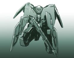  commentary english_commentary gradient_background greyscale gun gundam gundam_00 gundam_dynames highres holding holding_gun holding_weapon ishiyumi mecha mobile_suit monochrome no_humans on_one_knee robot science_fiction solo v-fin weapon 