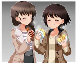  2girls :t bad_id bad_pixiv_id belt black_belt border bottle braid braided_ponytail brown_coat brown_hair casual closed_mouth coat commentary earrings eating facing_another food girls_und_panzer grey_background hair_ornament hair_over_shoulder hairclip highres holding holding_bottle holding_food isobe_noriko jewelry long_hair long_sleeves multiple_girls open_clothes open_coat outline outside_border rukuriri_(girls_und_panzer) shirt short_hair single_braid smile soda_bottle standing striped_clothes striped_shirt sweater swimsuit tanutika white_border white_outline white_shirt white_sweater 