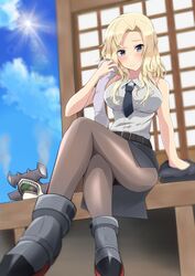  belt black_belt black_necktie black_pantyhose black_skirt blonde_hair blue_eyes breasts commentary_request crossed_legs dated female from_below highres hornet_(kancolle) kantai_collection large_breasts long_hair looking_at_viewer necktie otobi pantyhose pencil_skirt shark shirt sitting skirt sleeveless sleeveless_shirt twitter_username white_shirt 