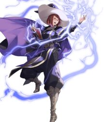  book boots breasts bridal_gauntlets brown_eyes brown_hair cape female fire_emblem fire_emblem_awakening fire_emblem_heroes full_body glasses hair_ornament hat highres hirooka_masaki holding holding_book knee_boots lightning long_sleeves looking_away medium_breasts miriel_(fire_emblem) non-web_source official_art open_mouth pants pants_tucked_in pelvic_curtain semi-rimless_eyewear short_hair solo tied_hair transparent_background turtleneck wizard_hat 