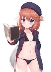  2drr beret bikini black_bikini black_coat black_hat blush book braid breasts closed_mouth coat collarbone commentary_request cowboy_shot female groin hair_between_eyes hand_in_pocket hand_up hat highres holding holding_book hood hooded_coat long_hair navel open_book open_clothes orange_hair princess_connect! reading revision school_uniform short_hair simple_background small_breasts solo st._theresa&#039;s_girls_academy_school_uniform standing stomach swimsuit white_background yuni_(princess_connect!) 