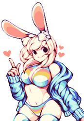  animal_ears bikini black_eyes blonde_hair blue_jacket borrowed_character commentary cowboy_shot female fiz_(fizintine) heart highres index_finger_raised jacket joshua_pixels long_hair long_sleeves looking_at_viewer multicolored_bikini multicolored_clothes navel off_shoulder original pixel_art rabbit_ears simple_background smile solo swimsuit thighhighs white_background 