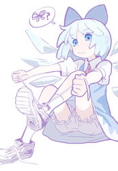  3: ? alternate_footwear backlighting bloomers blue_bow blue_dress blue_eyes blue_hair bow chabi_(amedama) cirno clenched_hands closed_mouth commentary detached_wings dress female floating_hair foreshortening frills from_below from_side full_body hairbow hands_up holding knees_up leg_up light_blush looking_at_viewer looking_down neck_ribbon outstretched_arms pale_color pinafore_dress puffy_short_sleeves puffy_sleeves red_ribbon ribbon shirt shoe_soles shoelaces shoes short_hair short_sleeves simple_background sitting sleeveless sleeveless_dress sneakers socks solo speech_bubble spoken_object spoken_question_mark touhou tying_footwear undershirt underwear untied_footwear upskirt white_background white_bloomers white_footwear white_shirt white_socks wing_collar wings 