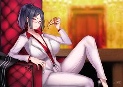  absurdres blurry blurry_background breasts chair cleavage cosplay door earrings female food glasses grey_jacket grey_pants high_heels highres holding holding_food holding_pizza jacket jewelry kiryu_kazuma kiryu_kazuma_(cosplay) kson large_breasts mole mole_under_eye nyctea_snow pants pepperoni pink_eyes pizza pizza_slice ponytail red_shirt ryuu_ga_gotoku ryuu_ga_gotoku_(series) shirt signature sitting virtual_youtuber vshojo 