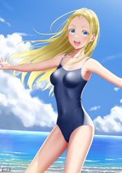  absurdres beach blonde_hair blue_eyes blue_one-piece_swimsuit blue_sky cloud competition_school_swimsuit cowboy_shot day female highres horizon jewelry kayama_kouji kofune_ushio long_hair necklace ocean one-piece_swimsuit open_mouth outdoors outstretched_arms round_teeth school_swimsuit shell shell_necklace signature sky solo summertime_render swimsuit teeth upper_teeth_only very_long_hair 