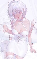  absurdres arm_support boots breasts choker cleavage commentary_request criss-cross_halter dress female food fork freckles fruit halter_dress halterneck highres looking_at_viewer mizuki_mau on_bed original partial_commentary pencil_dress pillow purple_eyes short_dress short_hair sitting solo strawberry thighhighs tongue tongue_out white_choker white_dress white_footwear white_hair white_strawberry white_theme white_thighhighs wrist_cuffs zettai_ryouiki 