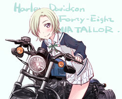  absurdres birthday blonde_hair character_name commentary_request english_text female harley_davidson highres jacket looking_at_viewer love_live! love_live!_nijigasaki_high_school_idol_club love_live!_school_idol_festival_all_stars maruyo mia_taylor motor_vehicle motorcycle purple_eyes riding short_hair smile solo 