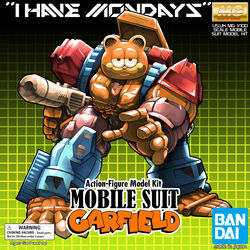  absurdres bandai beast_machines beast_wars black_eyes box_art character_name chromonaut english_commentary english_text fake_box_art full_body fusion garfield garfield_(character) gun gundam highres holding holding_gun holding_weapon logo looking_at_viewer mecha mechanization no_humans open_hand optimal_optimus parody photo-referenced robot science_fiction smile solo transformers weapon 