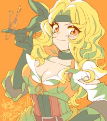  black_headband blonde_hair breasts brigid_(fire_emblem) brigid_(pirate)_(fire_emblem) cleavage elbow_gloves female fire_emblem fire_emblem:_genealogy_of_the_holy_war fire_emblem_heroes gloves headband holding holding_key key large_breasts long_hair looking_to_the_side orange_eyes solo sorakaza 