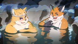  2boys absurdres ahoge animal_ears bara bathing blush claws commentary_request crossed_arms dog_boy dog_ears fat fat_man fox_boy fox_ears furry furry_male green_eyes hachimaki headband highres in_water iyo_(tamacolle) looking_at_viewer male_focus multiple_boys musashi_(tamacolle) nejiri_hachimaki nude oerba_yun_fang onsen open_mouth purple_eyes qishuisoda snow steam tamacolle upper_body 