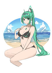  absurdres aotsuba bikini breasts chest_jewel cleavage female green_eyes green_hair highres large_breasts long_hair navel pneuma_(xenoblade) ponytail solo stomach swept_bangs swimsuit very_long_hair xenoblade_chronicles_(series) xenoblade_chronicles_2 