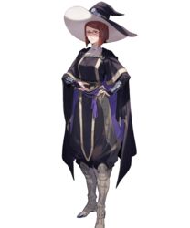  boots breasts bridal_gauntlets brown_eyes brown_hair cape closed_mouth female fire_emblem fire_emblem_awakening fire_emblem_heroes full_body glasses hair_ornament hand_on_own_hip hat highres hirooka_masaki knee_boots long_sleeves looking_at_viewer medium_breasts miriel_(fire_emblem) non-web_source official_art pants pants_tucked_in pelvic_curtain semi-rimless_eyewear short_hair smile solo standing tied_hair transparent_background turtleneck wizard_hat 