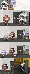  &gt;_&lt; 1boy 1hr10min 3girls absurdres annoyed arknights azur_lane bare_shoulders black_jacket black_necktie black_pantyhose black_ribbon black_thighhighs blonde_hair chibi coat commentary crying detached_sleeves english_commentary enterprise_(azur_lane) essex_(azur_lane) gloves grey_hair hair_ornament hair_ribbon hat highres hood hooded_jacket horns jacket long_hair long_sleeves mask mogami_(azur_lane) multiple_girls multiple_views mundane_utility necktie noir_corne_(arknights) oni oni_horns pantyhose peaked_cap pointy_ears purple_hair red_eyes red_necktie ribbon shirt short_hair single_horn skirt sleeveless sleeveless_shirt thighhighs twintails very_long_hair wide_sleeves 