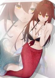  absurdres bikini bikini_top_only breasts brown_hair collarbone female hair_flaps hairband highres index_finger_raised kantai_collection large_breasts long_hair mermaid monster_girl monsterification navel shiratsuyu_(kancolle) shiratsuyu_(swimsuit)_(kancolle) smile swimsuit terebi- whistle whistle_around_neck yellow_eyes zoom_layer 