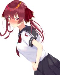  absurdres alternate_costume anger_vein bad_id bad_pixiv_id blush breasts daily_(daily178900) embarrassed female from_side grey_skirt hair_ribbon highres hololive houshou_marine long_hair looking_at_viewer medium_breasts neckerchief pleated_skirt red_eyes red_hair red_neckerchief red_ribbon ribbon sailor_collar school_uniform serafuku shirt short_sleeves simple_background skirt solo twintails uniform virtual_youtuber white_background white_shirt 