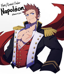  1boy abs blue_eyes brown_hair cropped_torso epaulettes facial_hair fate/grand_order fate_(series) fringe_trim goatee jacket large_pectorals long_sideburns long_sleeves looking_at_viewer male_focus muscular muscular_male napoleon_bonaparte_(fate) neo_kabocha open_clothes partially_unbuttoned pectoral_cleavage pectorals scar short_hair sideburns smile solo unbuttoned upper_body very_short_hair 