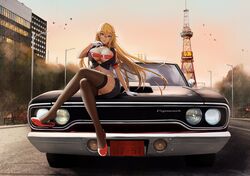  absurdres bikini bikini_top_only bird black_thighhighs blonde_hair breasts building car car_keys cleavage clock clock_tower collarbone commentary commission crossed_arms english_commentary female floating_hair glasses gloves headlight highres kcar66t key lamppost large_breasts legs long_hair midriff motor_vehicle navel open_clothes open_shirt original pencil_skirt plymouth_(brand) plymouth_road_runner purple_eyes real_world_location road sapporo_(city) sapporo_tv_tower second-party_source shoe_dangle sitting_on_car skindentation skirt sling_bikini_top solo swept_bangs swimsuit thighhighs thong tower twilight very_long_hair white_gloves wind wind_lift zipper_bikini zipper_pull_tab 