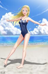  absurdres barefoot beach blonde_hair blue_eyes blue_one-piece_swimsuit blue_sky cloud competition_school_swimsuit day female full_body highres horizon jewelry kayama_kouji kofune_ushio long_hair necklace ocean one-piece_swimsuit open_mouth outdoors outstretched_arms round_teeth school_swimsuit shadow shell shell_necklace signature sky solo summertime_render swimsuit teeth upper_teeth_only very_long_hair 