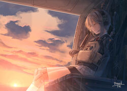  aircraft ar-15 bike_shorts closed_eyes commentary_request dreadtie female gloves grey_hair gun hair_between_eyes han_konoka headset helicopter helicopter_interior highres knee_pads load_bearing_vest necktie original pleated_skirt radio_antenna rifle shirt short_hair shorts shorts_under_skirt sitting skirt sleeping sleeping_upright solo sunset weapon white_shirt 