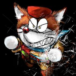  1:1 2016 angry anthro black_background brown_body brown_fur canid canine canis clothed clothing dora-nichov doraemon ears_up fur hat headgear headwear hi_res machine male mammal mt_tg red_nose robot scarf shaded sharp_teeth simple_background snout solo teeth the_doraemons whiskers wolf 