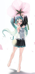  :d absurdres aqua_hair arms_up bare_legs barefoot black_sleeves blush breasts commentary detached_sleeves female flower full_body hair_ornament hatsune_miku highres holding holding_flower kimyo legs long_hair looking_at_viewer miniskirt necktie open_mouth oversized_flower partially_unbuttoned pink_flower pleated_skirt shirt skirt sleeveless sleeveless_shirt small_breasts smile solo standing teeth twintails upper_teeth_only very_long_hair vocaloid 