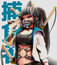  +_+ 3d a_bathing_ape artemis_of_the_blue atelier_live black_eyes black_hair breasts female grey_hoodie gun hair_behind_ear highres holding holding_gun holding_weapon hood hoodie katana long_hair looking_at_viewer mask mouth_mask navel nike_(company) o-ring ponytail pwr_aftr shark_fin shark_girl solo sports_bra submachine_gun sword valorant virtual_youtuber weapon weapon_on_back 