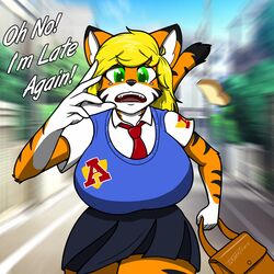  1:1 anthro big_breasts breasts clothing dialogue english_text felid female hair hi_res mammal necktie pantherine school_uniform solo tabykat tabytha_starling text tiger uniform 