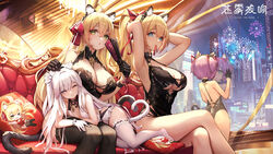  +_+ 4girls against_glass ahoge animal_ear_fluff animal_ears armpits arms_up artist_request black_dress black_gloves black_legwear blonde_hair blue_eyes breasts cat_ears cat_tail chalisha_de_rolland cleavage commentary_request crossed_legs dress fake_animal_ears fireworks flat_chest gloves green_eyes hair_between_eyes hair_tie_in_mouth hairband half_gloves hand_on_another&#039;s_head haze/reverb highres indoors large_breasts leotard long_hair looking_at_viewer mole mole_under_mouth mouth_hold multiple_girls night official_art one_eye_closed pink_hair ponytail purple_eyes reflection ribbon ribbon_in_mouth short_hair short_twintails side_slit sidelocks symbol-shaped_pupils tail thighhighs twintails tying_hair white_gloves white_hair white_thighhighs 