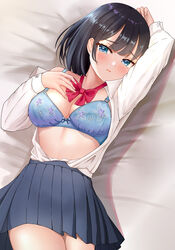  arm_up bed_sheet black_hair black_skirt blue_bra blue_eyes blush bra breasts cleavage collared_shirt female highres iwanishi long_sleeves looking_at_viewer lying medium_breasts medium_hair on_back open_clothes open_mouth open_shirt original pleated_skirt school_uniform shirt skirt solo underwear white_shirt 