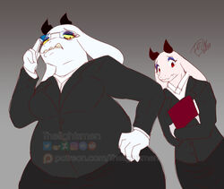  alternate_universe annoyed anthro black_clothing black_suit boss_monster_(undertale) bovid caprine clothing conditional_dnp digital_media_(artwork) duo eye_contact eyeshadow eyewear female fur glasses gradient_background grey_background hi_res horizontal_pupils horn looking_at_another looking_at_viewer looking_down makeup mammal office_clothing office_lady pupils red_eyes simple_background slightly_chubby slightly_chubby_anthro slim suit thelightsmen thick_thighs toriel toriel_(underfell) toriel_(underswap) underfell underswap undertale undertale_(series) undertale_au watermark white_body white_fur yellow_sclera 