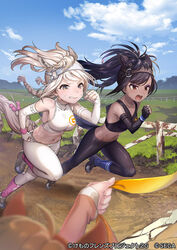  3girls action animal_ears bare_shoulders black_footwear black_gloves black_hair black_legwear black_sports_bra bow braid braided_tail breasts brown_eyes brown_gloves brown_thoroughbred_(kemono_friends) chestnut_thoroughbred_(kemono_friends) commentary_request dark-skinned_female dark_skin elbow_gloves extra_ears fingerless_gloves gloves headgear horse_ears horse_girl horse_tail japari_symbol kemono_friends kemono_friends_3 leg_warmers leggings light_brown_hair long_hair matching_outfits midriff mucchiri_shiitake multiple_girls navel official_art outdoors pink_bow ponytail racing shoes sleeveless sneakers sports_bra sportswear sweatdrop tail tail_bow tail_ornament twin_braids white_footwear white_gloves white_hair white_legwear white_sports_bra white_thoroughbred_(kemono_friends) wristband yellow_eyes 