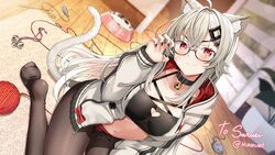  animal_ears bandaid bandaid_on_face bell black_nails black_pantyhose blush bowl breasts carpet cat_ears cat_girl cat_tail cat_teaser collar commentary commission english_commentary fang_out female glasses grey_hair hair_ornament hiroki_(hirokiart) indie_virtual_youtuber indoors jacket jingle_bell kneeling large_breasts long_hair looking_at_viewer mouse_(animal) navel neck_bell nervous oerba_yun_fang open_clothes open_jacket pantyhose pet_bowl plant red_eyes saruei_(vtuber) scar scar_across_eye scar_on_face short_shorts shorts sitting smile solo tail thread virtual_youtuber wariza 