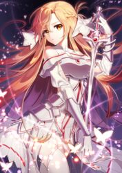  absurdres armor asuna_(sao) asuna_(stacia) braid breastplate breasts brown_eyes brown_hair dress eile_(esspril) energy female french_braid gloves glowing hair_between_eyes highres holding holding_sword holding_weapon long_hair looking_at_viewer magic radiant_light rapier smile solo sword sword_art_online sword_art_online:_alicization sword_art_online:_alicization_-_war_of_underworld thighhighs very_long_hair weapon white_dress white_gloves white_thighhighs 