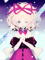  back_bow big_hair black_shirt blonde_hair blouse blue_background blue_eyes blurry bow bowtie capelet chabi_(amedama) closed_mouth dated depth_of_field doll_joints female film_grain flower frilled_capelet frilled_sleeves frills gradient_background hair_ribbon hands_up holding holding_flower joints large_bow lily_(flower) lily_of_the_valley looking_at_viewer medicine_melancholy messy_hair muted_color no_lineart own_hands_clasped own_hands_together pink_bow pink_bowtie pink_ribbon pink_skirt puffy_short_sleeves puffy_sleeves ribbon ribbon-trimmed_clothes ribbon-trimmed_skirt ribbon_trim shirt short_hair short_sleeves skirt solo standing straight-on touhou upper_body wavy_hair white_bow white_capelet white_flower 