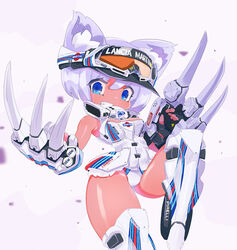  animal_ear_fluff animal_ears armored_boots black_gloves blue_eyes boots breasts cat_ears claws covered_mouth female fingerless_gloves gloves goggles goggles_on_headwear grey_background highres lancia_(brand) lancia_delta_s4 leotard looking_at_viewer martini_(brand) mask mecha_musume medium_breasts original personification respirator rikona short_hair smile solo visor_cap white_hair white_leotard world_rally_championship 